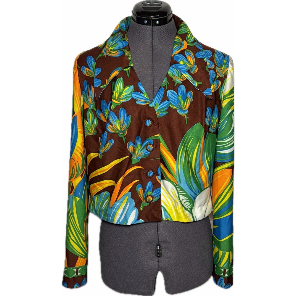 VTG 70s Mel Warshaw Tropical    Floral Cropped Shirt B40" L18" L NEEDS REPAIR